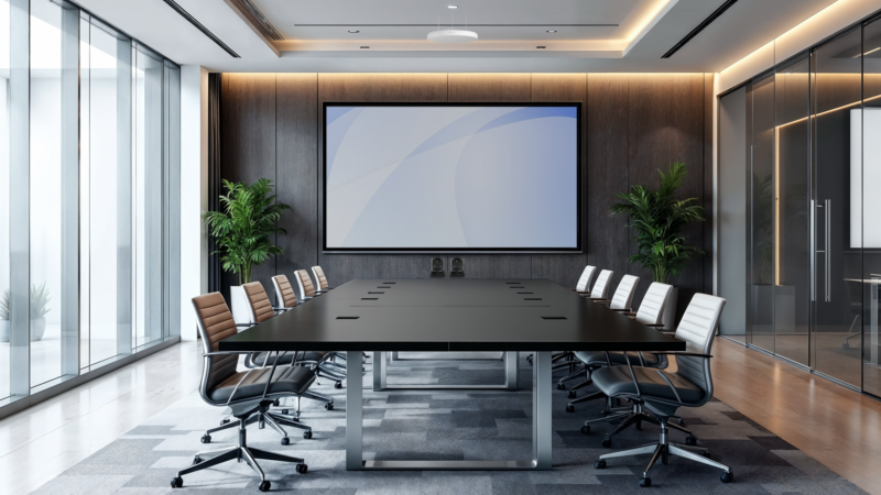 Corporate boardroom with integrated AV systems and Q-SYS Core control