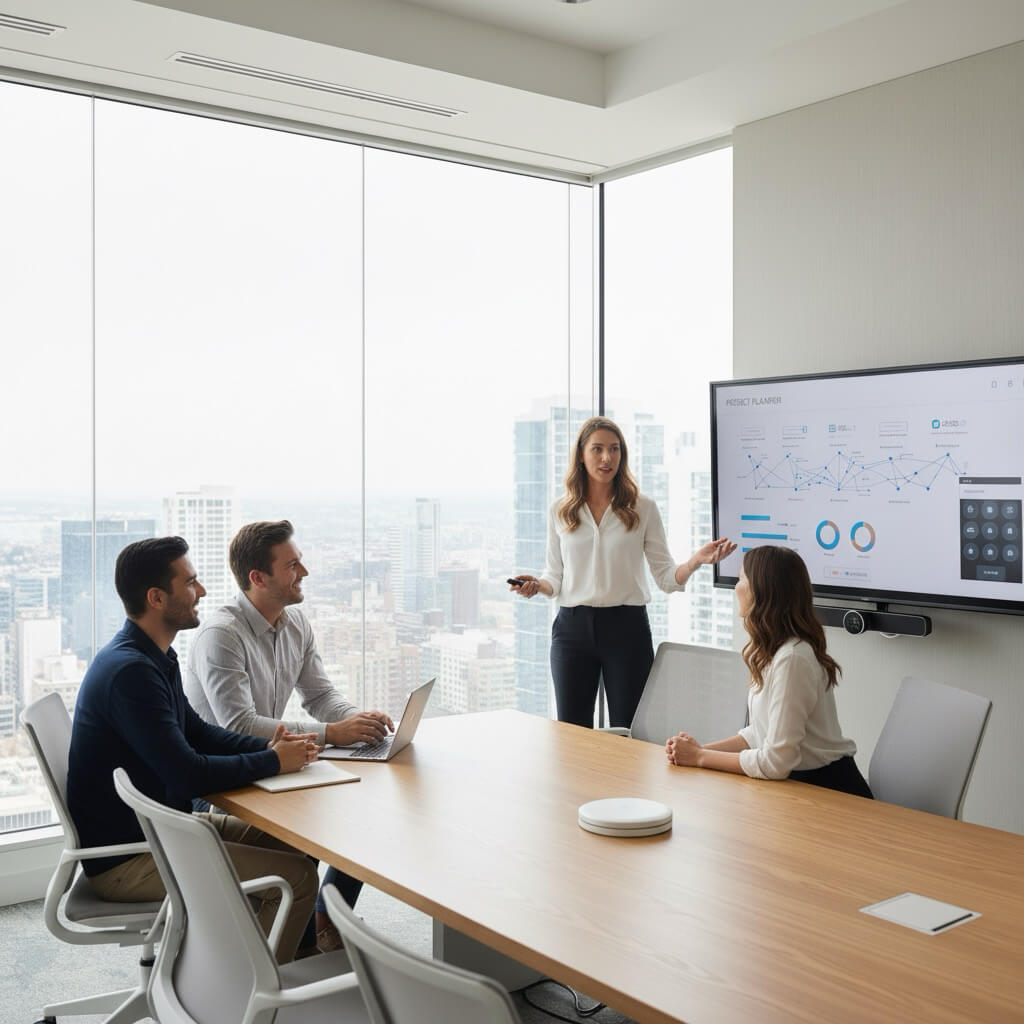 Professional AV consultant discussing system design with clients in modern meeting room
