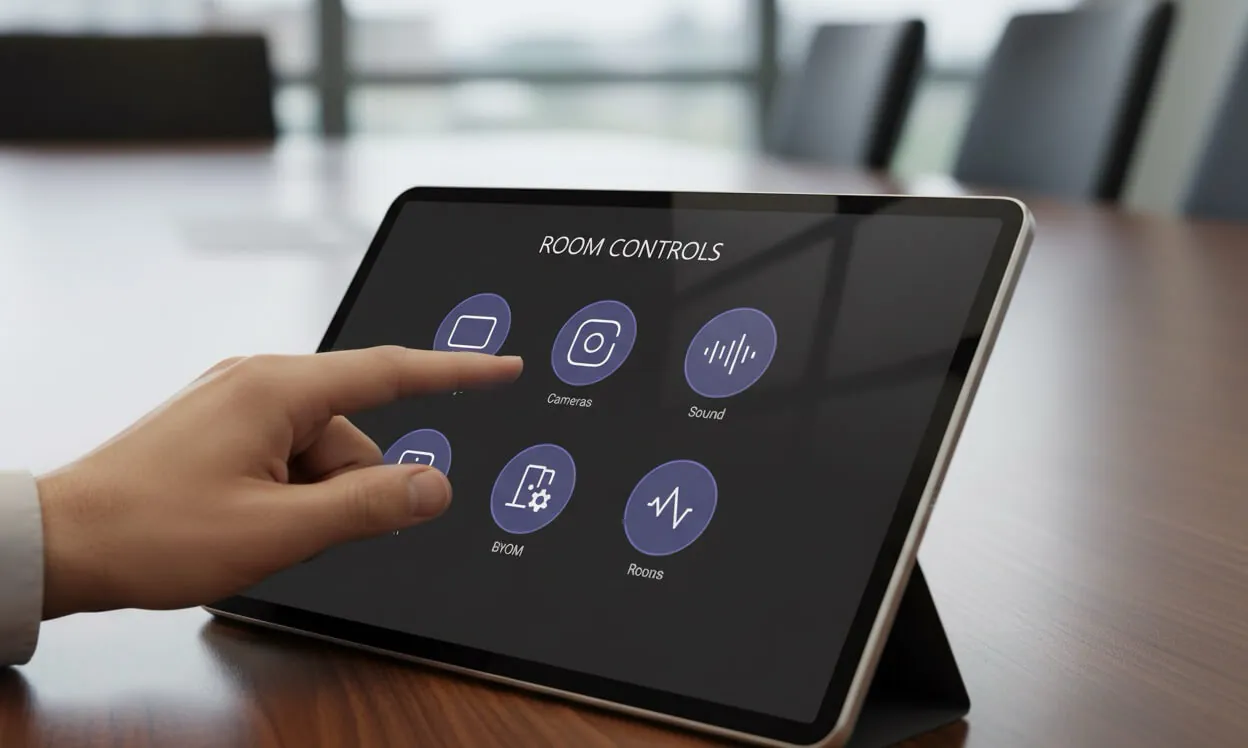 Custom Q-SYS UCI on a meeting room touch panel with simple one-tap controls