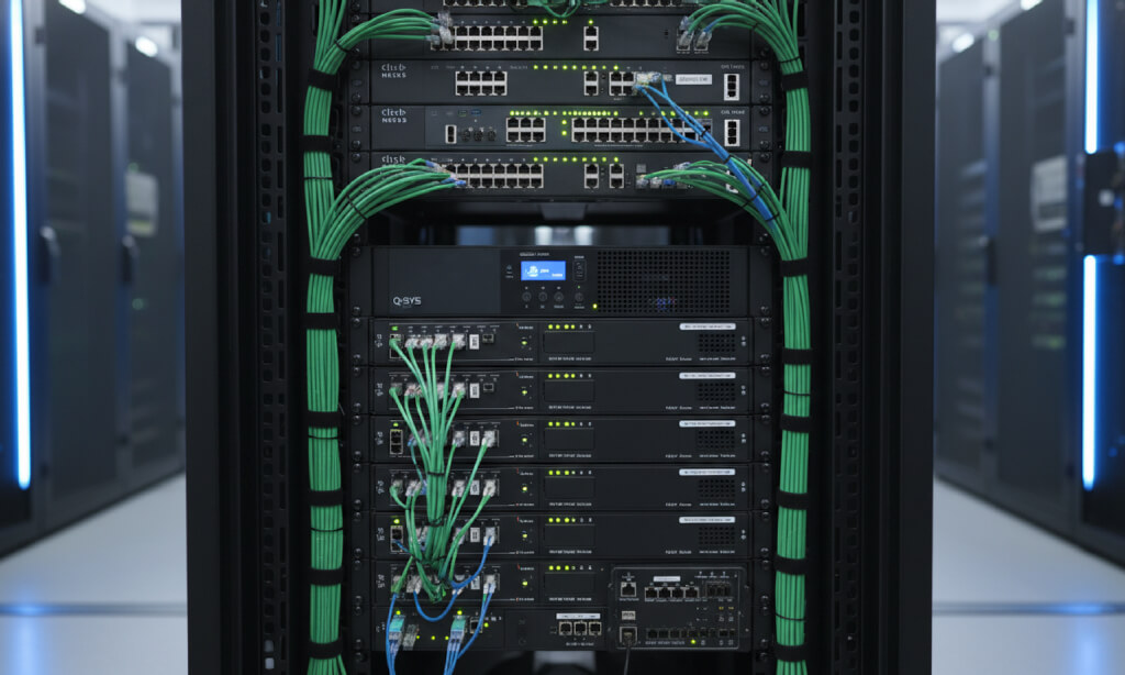 AV rack with signal distribution and AV-over-IP infrastructure