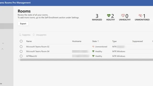 Teams Rooms Pro Management Portal showing per-room health states