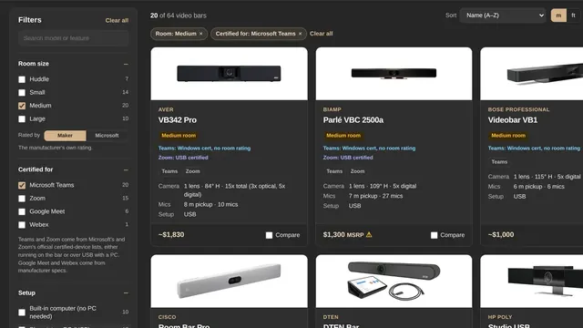 The db AV Solutions Video Bar Comparison tool filtered to medium rooms certified for Microsoft Teams