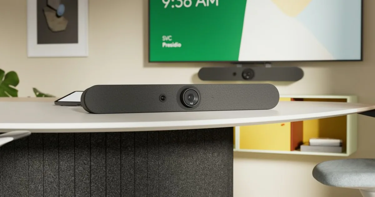 Logitech Rally Bar all-in-one video bar on a meeting room credenza