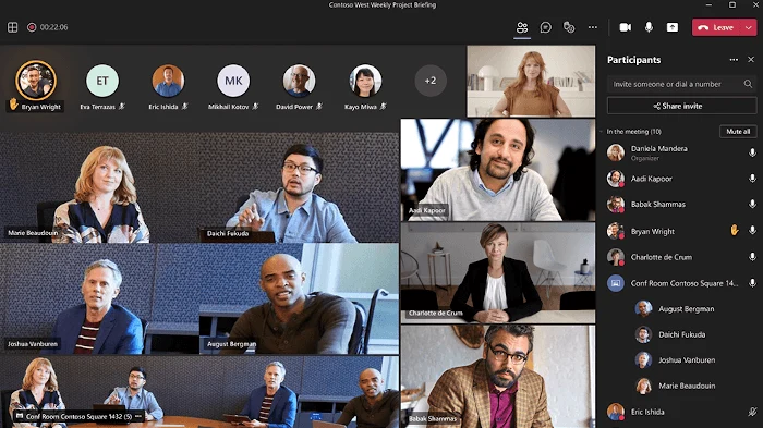 Microsoft Teams meeting showing multiple camera feeds from a single conference room alongside remote participants