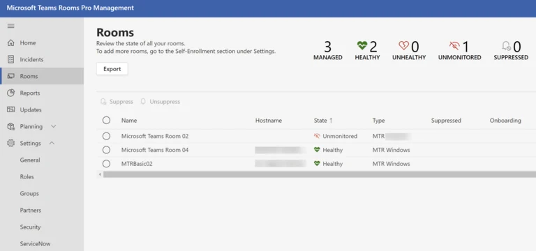 Teams Rooms Pro Management portal showing per-room health states: healthy, unhealthy, and unmonitored