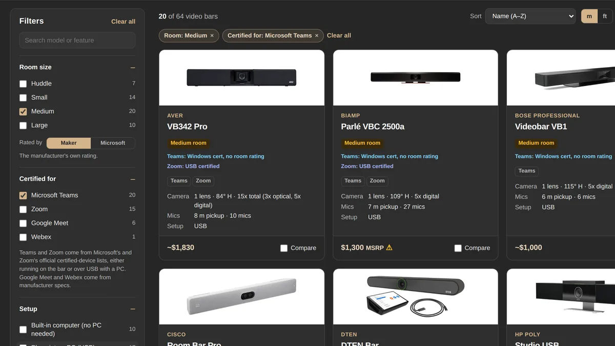 The db AV Solutions Video Bar Comparison tool filtered to medium rooms certified for Microsoft Teams