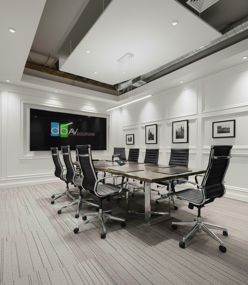 Professional meeting room with modern AV technology and clean design