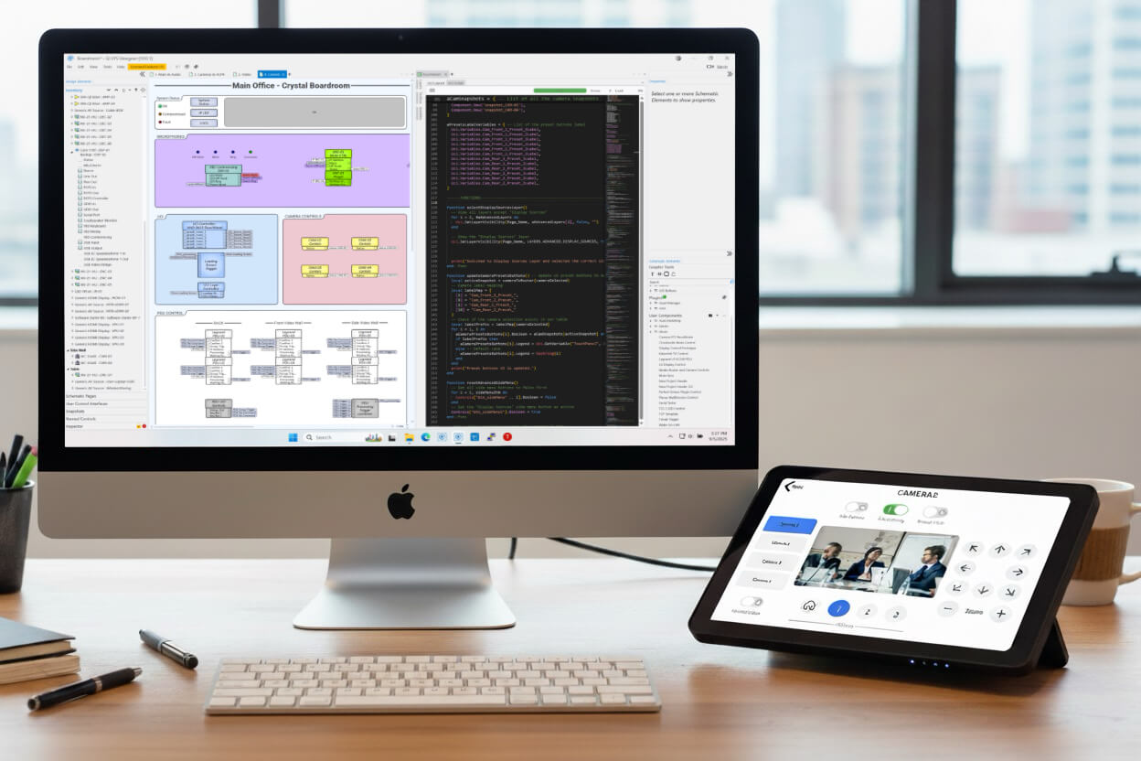 Q-SYS programming workspace with code and interface design