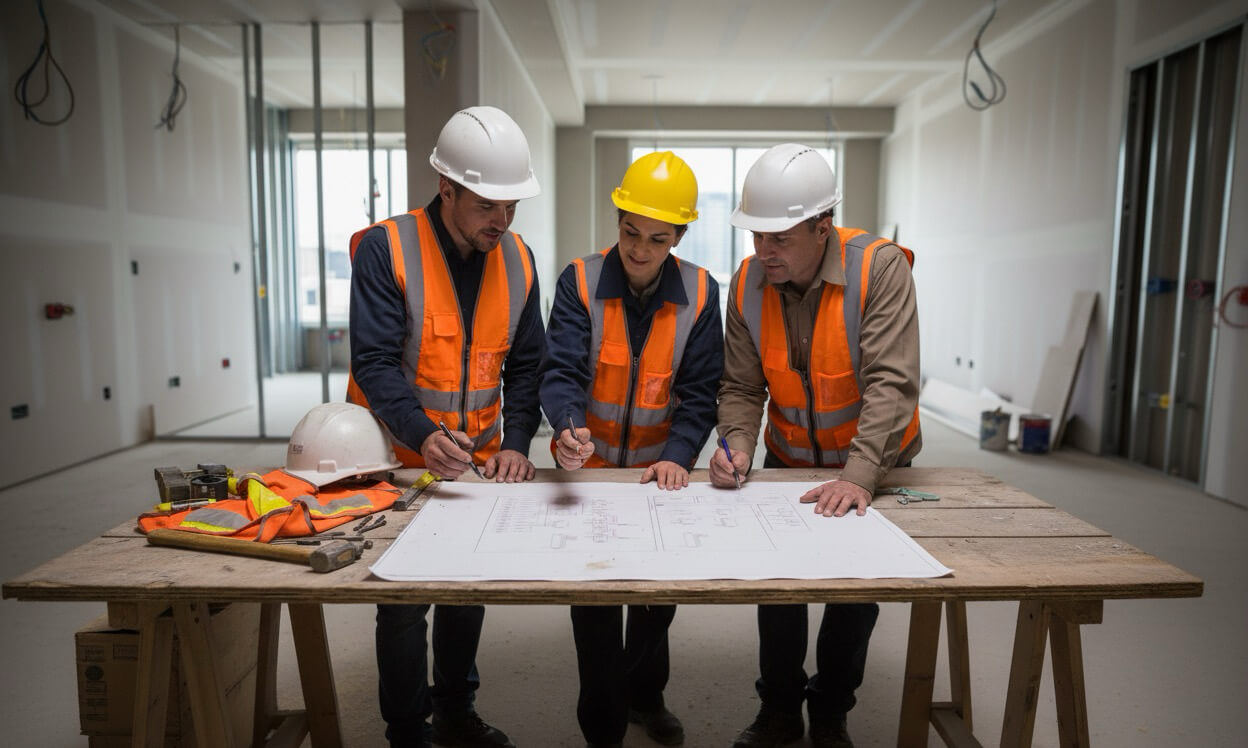 AV system design workspace with drawings and technical diagrams